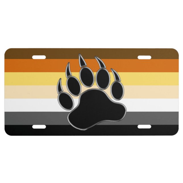 Gay Bear Pride Flag Bear Paw License Plate (Front)