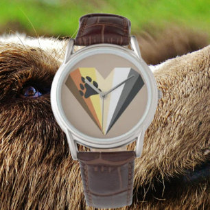 Gay Bear Pride Heart Brown Leather Strap Watch