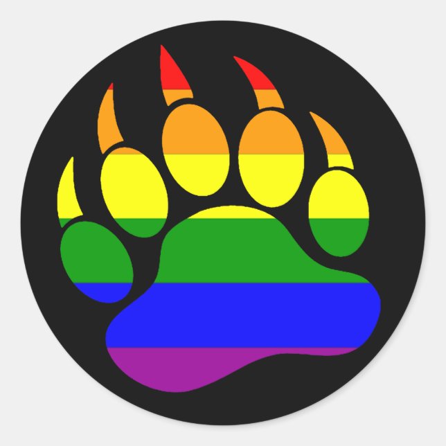 GAY BEAR PRIDE RAINBOW BEAR PAW BLACK CLASSIC ROUND STICKER (Front)