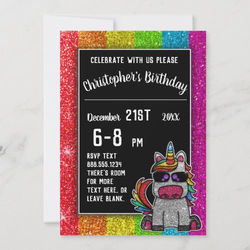 Gay Birthday Party Rainbow Glitter Unicorn LGBT   Invitation