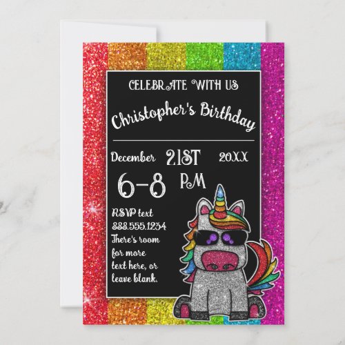 Gay Birthday Party Rainbow Glitter Unicorn LGBT   Invitation