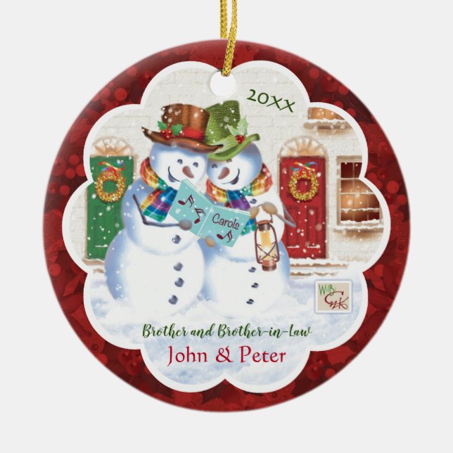 Gay, Brother & Brother in Law, snowmen carolling, Ceramic Ornament (Front)