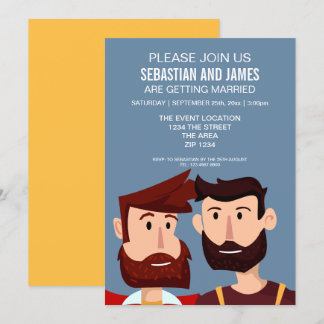 Gay Cartoon Grooms With Beards Wedding Themed Invitation