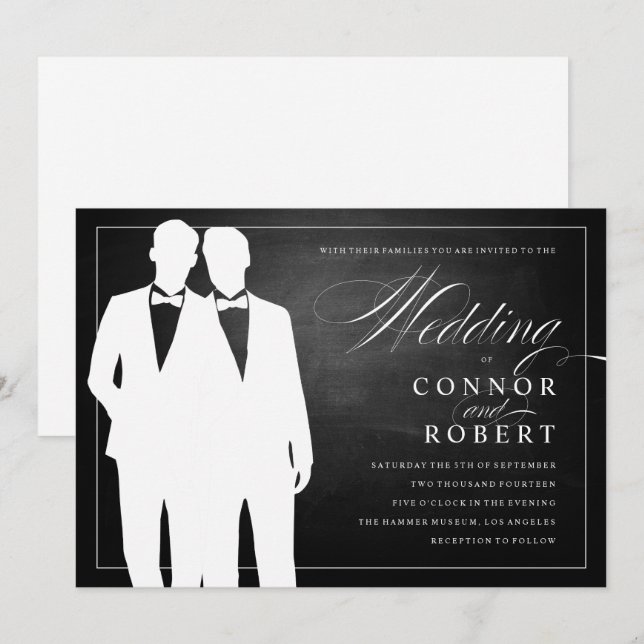 Gay Chalkboard Wedding Two Grooms Silhouettes Invitation (Front/Back)