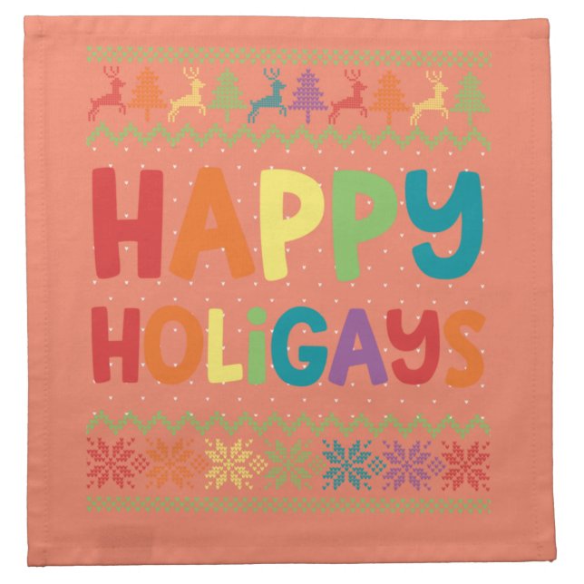 Gay Christmas Funny LGBT Happy Holigays Rainbow Cloth Napkin (Front)