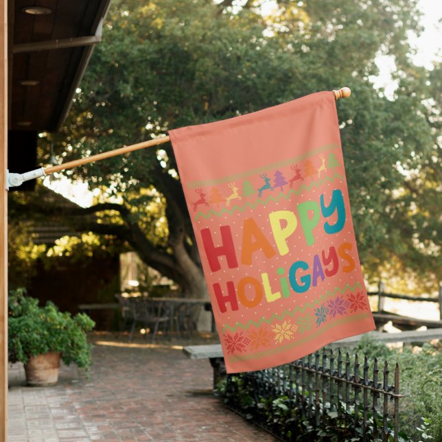 Gay Christmas Funny LGBT Happy Holigays Rainbow House Flag (In SItu)
