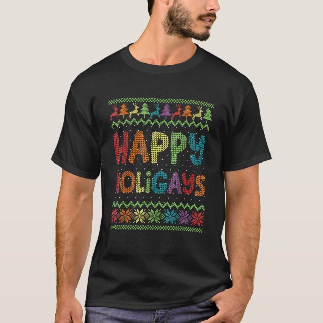 Gay Christmas Funny LGBT Happy Holigays Rainbow Pa T-Shirt (Front)