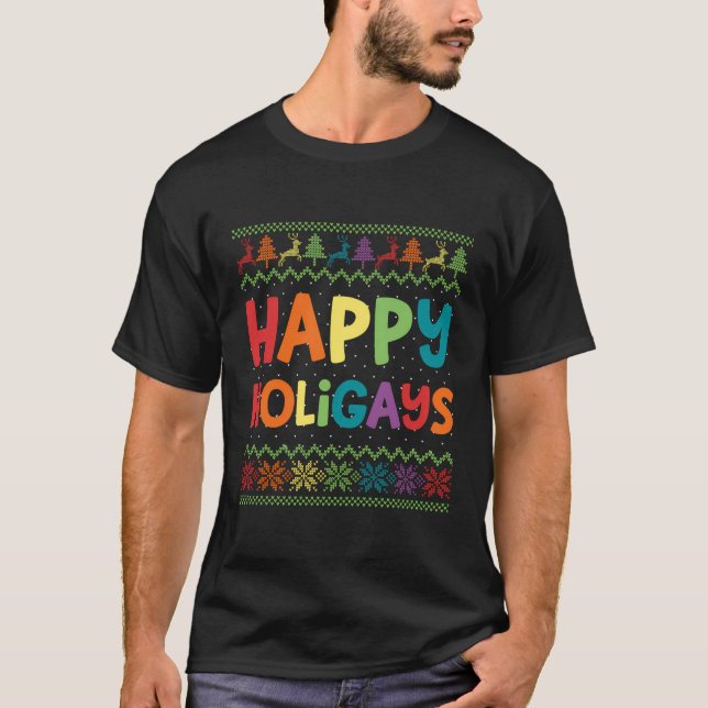 Gay Christmas Funny Lgbt Happy Holigays Rainbow Pa T-Shirt (Front)