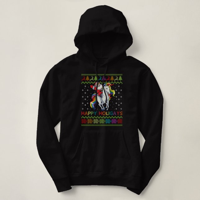Gay Christmas Pajamas Santa Riding Unicorn Happy H Hoodie (Design Front)