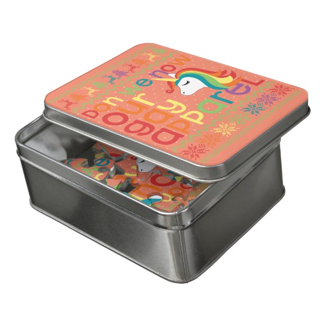 Gay Christmas Rainbow Unicorn Don We Now Our Gay Jigsaw Puzzle (Lid Open)