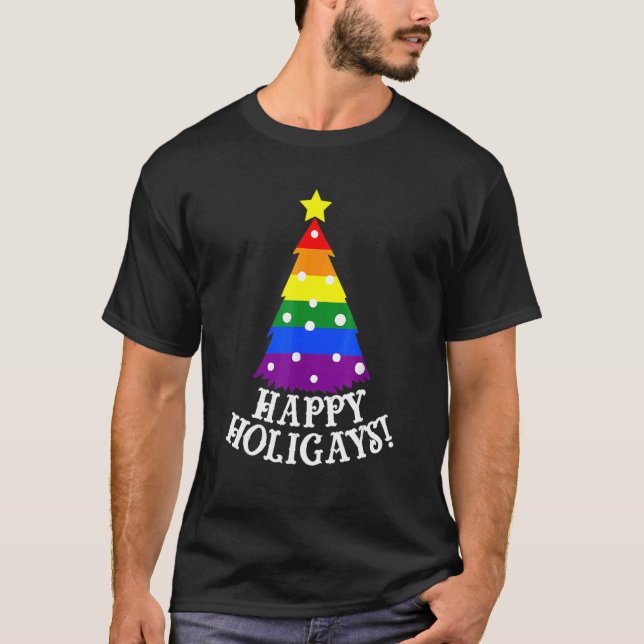 Gay Christmas Tree Happy Holigays  Rainbow Pride T-Shirt (Front)