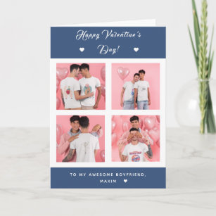 Gay Couple 4 Photo Collage Valentines Day Blue Card