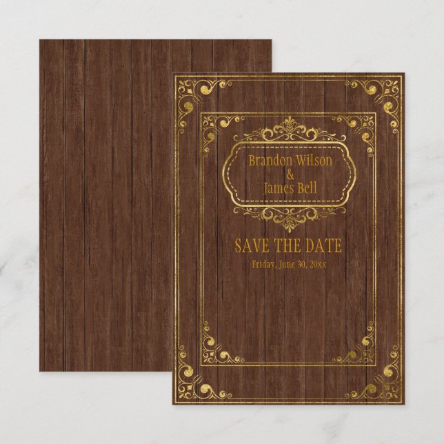 Gay Couple Brown Barnwood and Gold Frames Wedding  Save The Date (Front/Back)