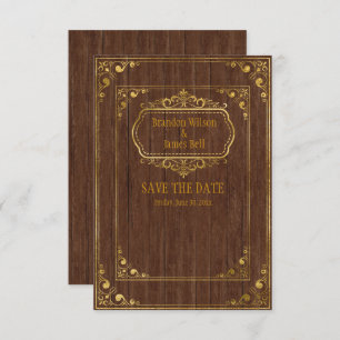 Gay Couple Brown Barnwood and Gold Frames Wedding Save The Date