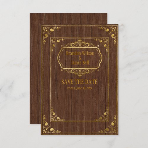 Gay Couple Brown Barnwood and Gold Frames Wedding  Save The Date