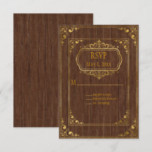 Gay Couple Brown Barnwood and Gold Wedding RSVP Card