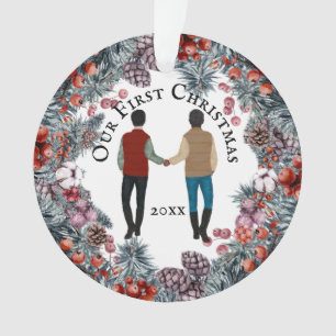 Gay couple caucasian African American men wreath Ornament