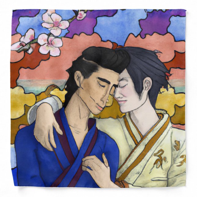 Gay Couple In The Style Of Ukiyo-e Japanese Art Bandana (Front)