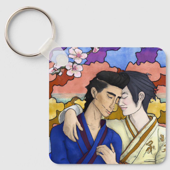 Gay Couple In The Style Of Ukiyo-e Japanese Art Keychain (Front)