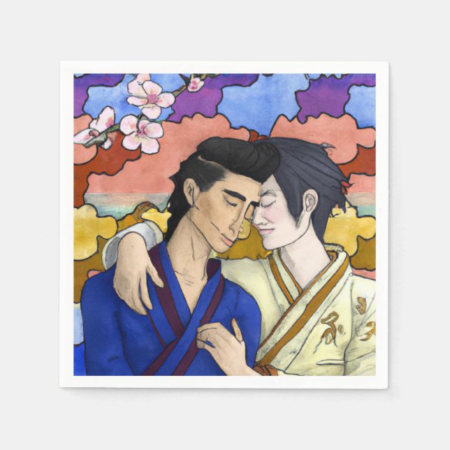 Gay Couple In The Style Of Ukiyo-e Japanese Art Napkins (Front)