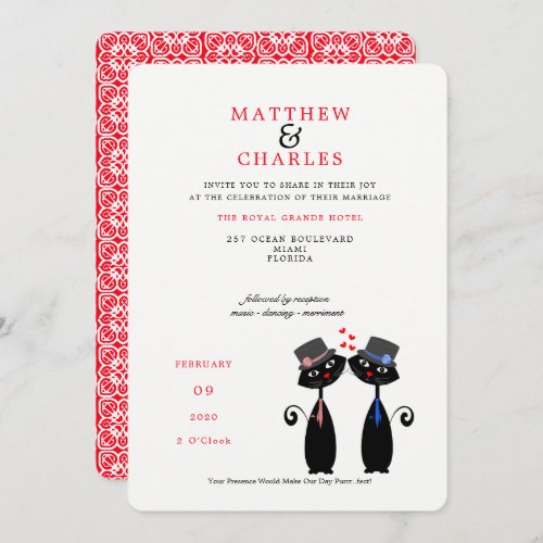 Gay Couple LGBTQ Wedding Cute Black Cats Invitation