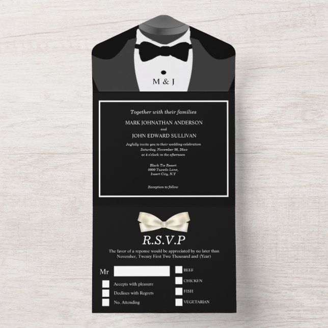 Gay couple PHOTO  Mr and Mr black white bow tie All In One Invitation (Inside)