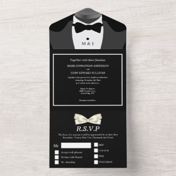 Gay Couple Photo  Mr And Mr Black White Bow Tie All In One Invitation by mensgifts at Zazzle