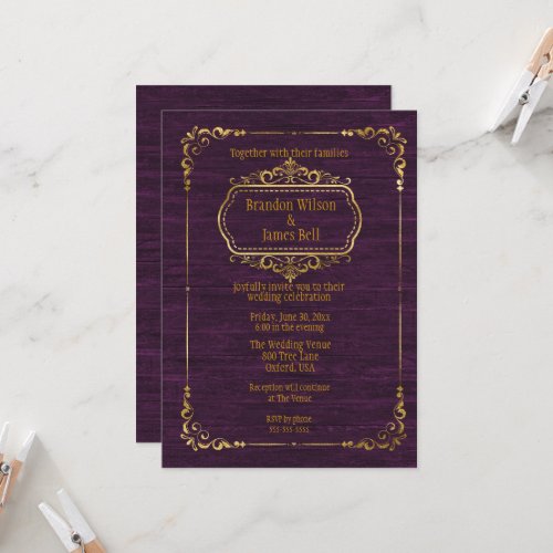 Gay Couple Purple Barnwood and Gold Frames Wedding Invitation