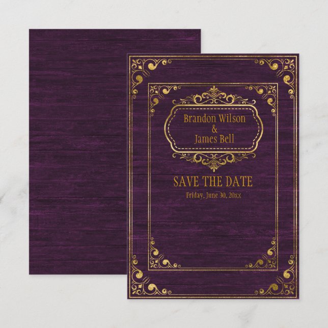 Gay Couple Purple Barnwood Gold Frames Wedding  Save The Date (Front/Back)