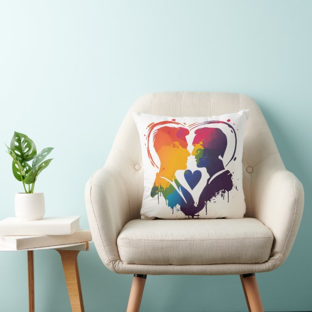Gay Couple Rainbow Heart Throw Pillow (Chair)