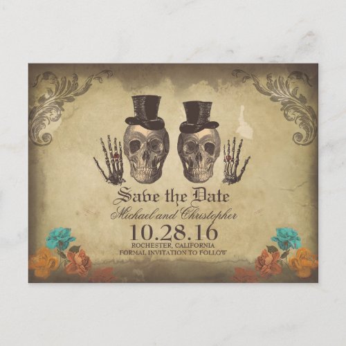 Gay Couple _ Skeletons Gothic Save the Date Announcement Postcard