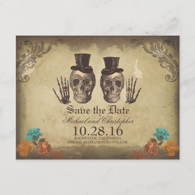 Gay Couple - Skeletons Gothic Save the Date Announcement Postcard (Front)