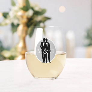 Gay Couple Two Grooms Wedding Stemless Wine Glass