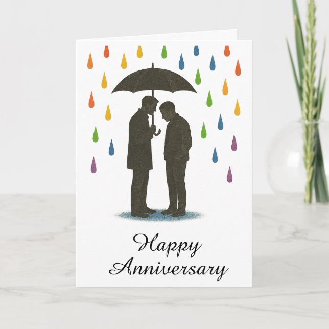 Gay Couple Under Umbrella Rainy Pride Anniversary Card (Front)