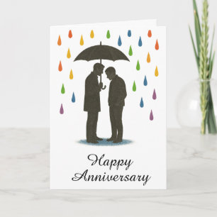 Gay Couple Under Umbrella Rainy Pride Anniversary Card