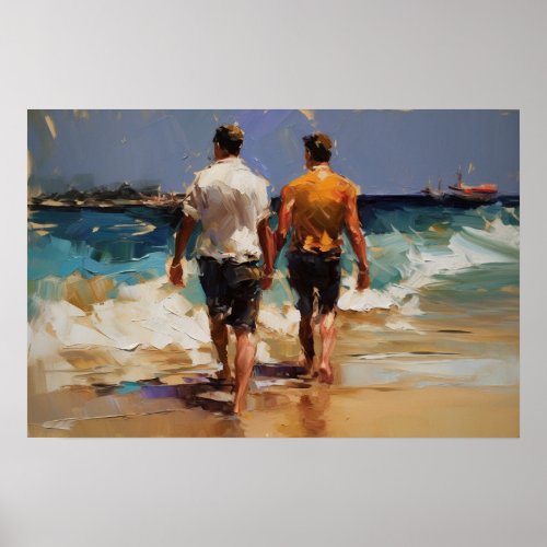 Gay couple walking on the beach poster