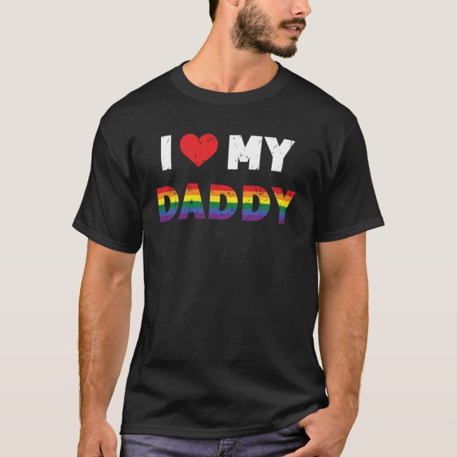 Gay Dads I Love My Daddy Red Heart Rainbow Flag LG T-Shirt (Front)