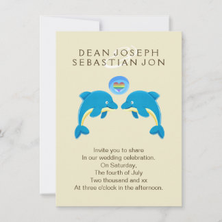 Gay Dolphins And Rainbow Love Heart Bubble Wedding Invitation