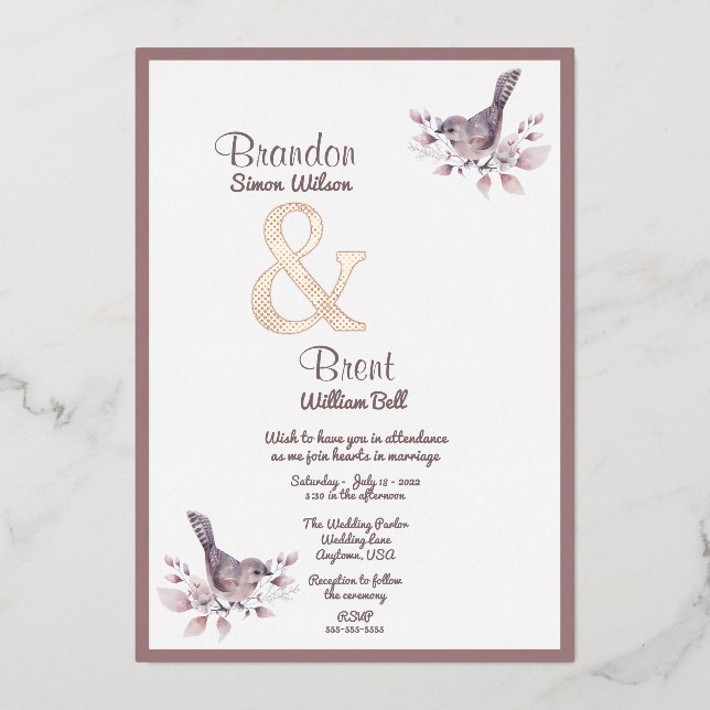 Gay Dusty Burgundy and Rose Gold Ampersand Foil Invitation (Front)