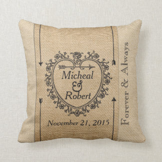 Gay Fancy Burlap Anniversary Date Heart Throw Pillow