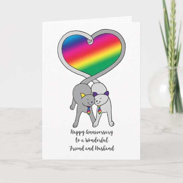Gay Friend & Husband Anniversary Rainbow Cats Card (Front)