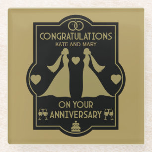 Gay Girls Wedding Anniversary Glass Coaster