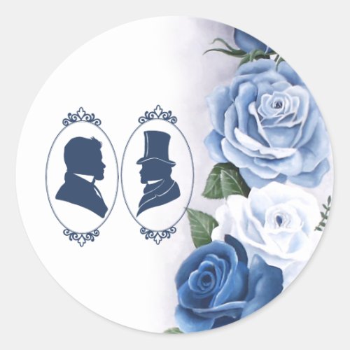 Gay Grooms Regency Blue Roses Classic Round Sticker