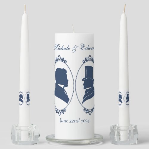 Gay Grooms Regency Blue Roses Unity Candle Set