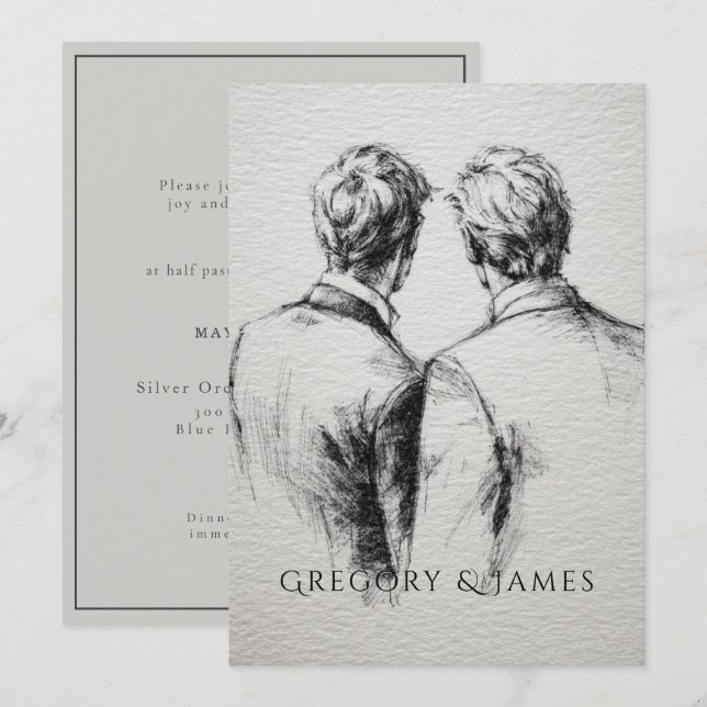 Gay / Grooms Wedding Pencil Drawing  Invitation (Front/Back)