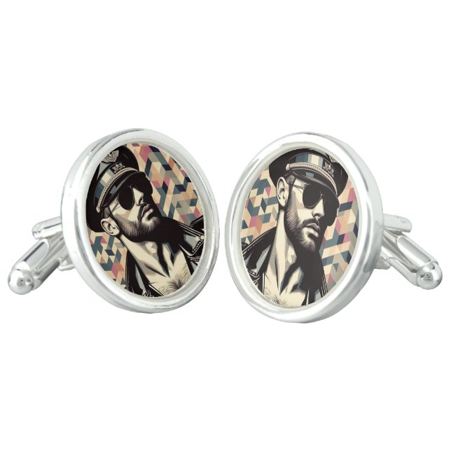 Gay Leather Daddy Biker Tom of Finland Tribute Art Cufflinks (Angled)