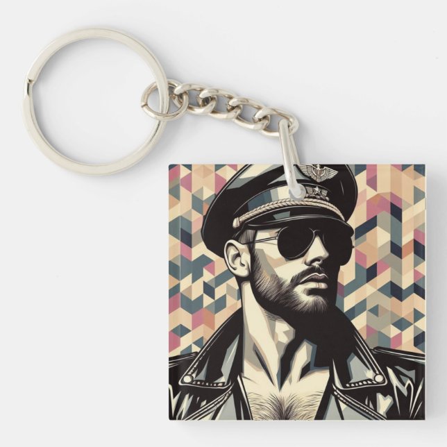 Gay Leather Daddy Biker Tom of Finland Tribute Art Keychain (Front)