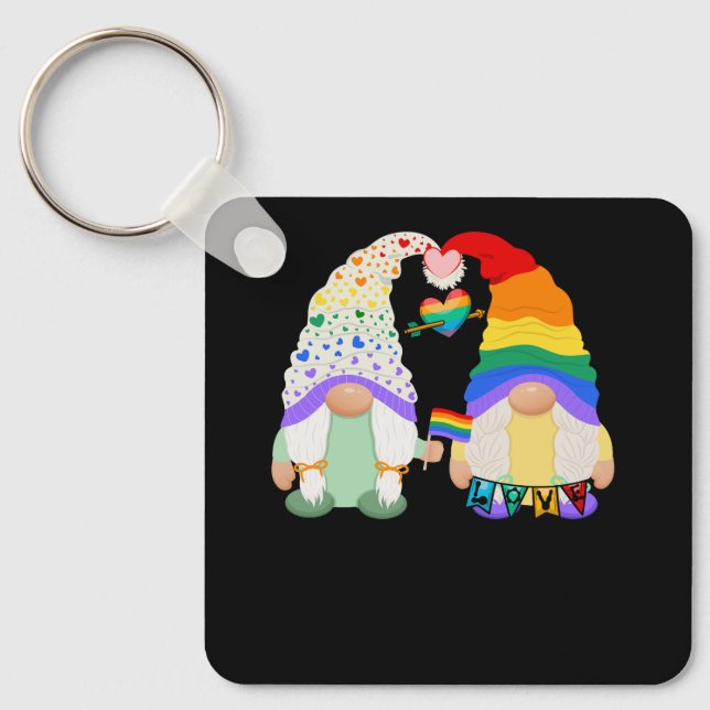 Gay Les Trans Bi Pride Gnomes Love Rainbow Flag Lg Keychain (Front)