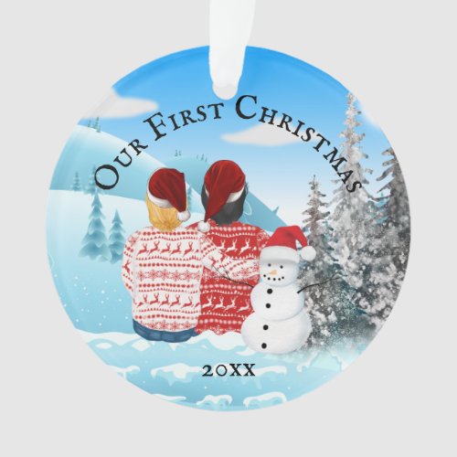 Gay lesbian couple ugly sweater PHOTO snowman Ornament