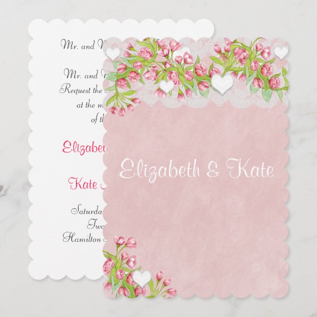 Gay Lesbian Pink & White FlowersWedding Invitation (Front/Back)